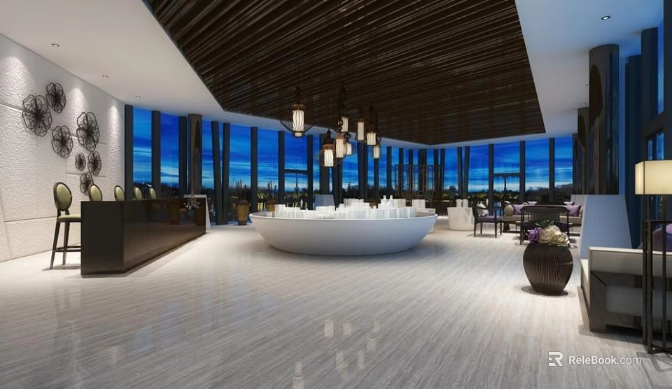 Modern Sales Office With Floor To Ceiling Windows Wooden Ceiling Chandeliers And White Round Table 3d model 