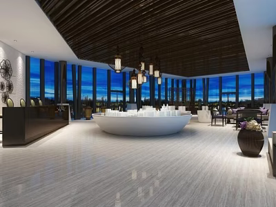 Modern Sales Office With Floor To Ceiling Windows Wooden Ceiling Chandeliers And White Round Table 3d model