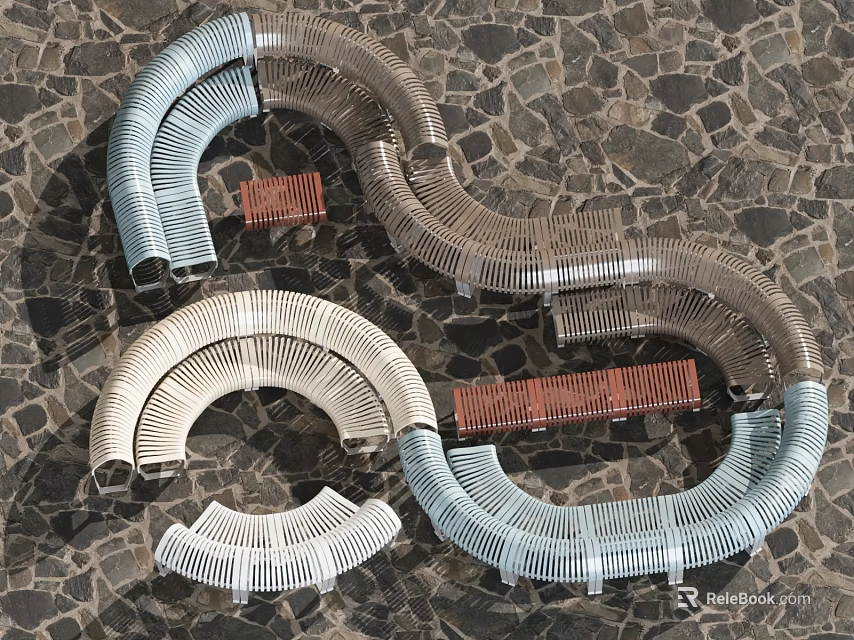 Curved Metal Woven Outdoor Chairs in Various Colors Arranged on Stone Ground 3d model 