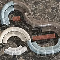 Curved Metal Woven Outdoor Chairs in Various Colors Arranged on Stone Ground