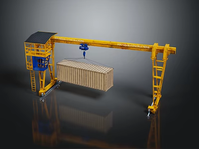 Yellow Gantry Crane Lifting Container With Operator Cabin And Metal Structure 3d model