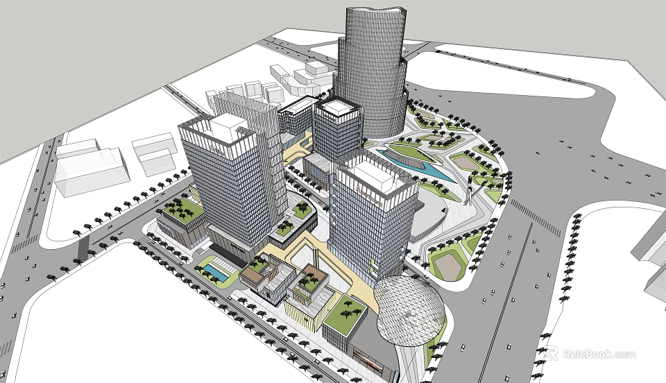Modern High Rise Office Buildings With Urban Green Spaces Plaza And Water Features 3d model 