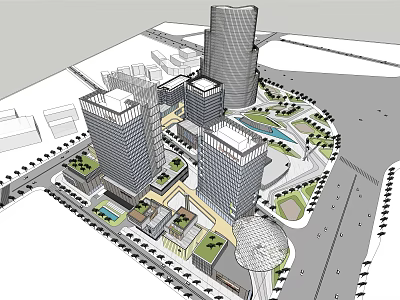 Modern High Rise Office Buildings With Urban Green Spaces Plaza And Water Features 3d model