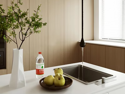 Modern Black Kitchen Faucet on Countertop with Fresh Fruits and Green Plant 3d model