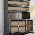 Modern Black Frame Sideboard With Glass Doors Golden Handles And Green Plant In Kitchen