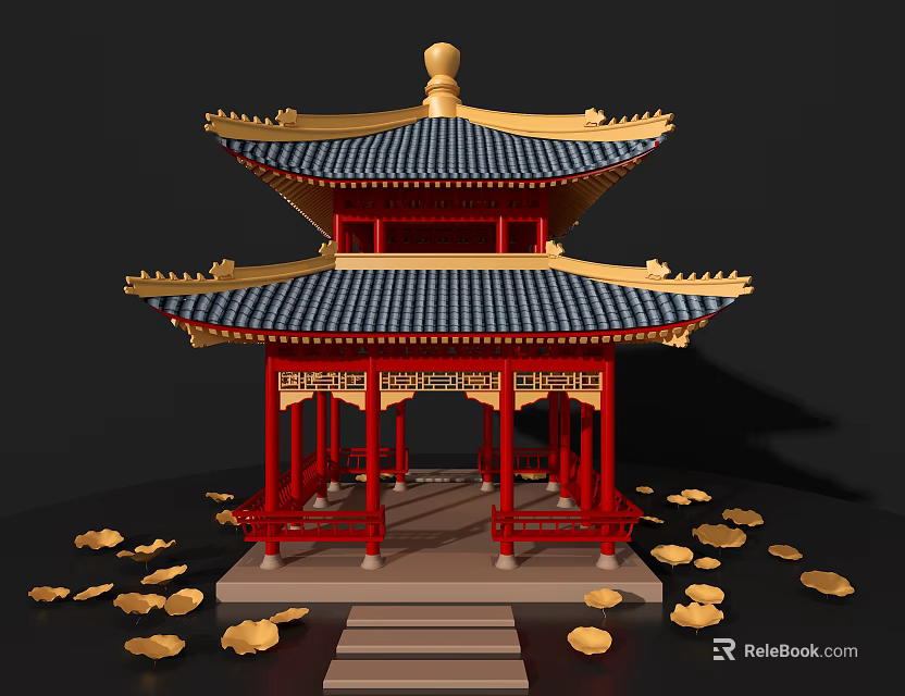 Ancient Pavilion Featuring Two Tiered Blue Tiled Roof Red Pillars Golden Leaves And Stone Steps 3d model 