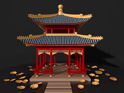 Ancient Pavilion Featuring Two Tiered Blue Tiled Roof Red Pillars Golden Leaves And Stone Steps 3d model