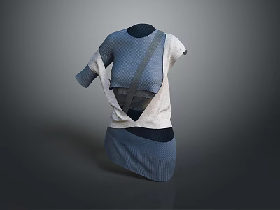 Modern Asymmetric Knitted Clothing With Blue Gray Patchwork And Layered Design 3d model