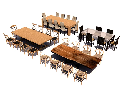 Various Dining Table Sets With Wooden Tabletops And Matching Chairs 3d model