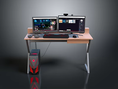 Modern Computer Desk Setup With Dual Monitors Keyboard Mouse And PC Tower 3d model