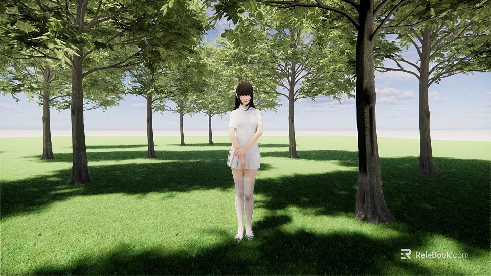 Woman Standing on Green Grass Field with Tall Trees in Outdoor Park 3d model 