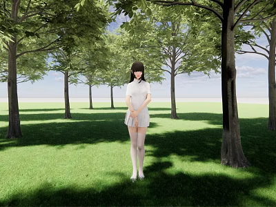 Woman Standing on Green Grass Field with Tall Trees in Outdoor Park 3d model