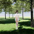 Woman Standing on Green Grass Field with Tall Trees in Outdoor Park