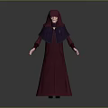 Man In Hooded Dark Red Robe With Purple Collar Standing Against Gray Background