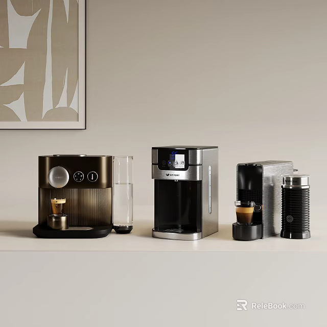 Stylish Modern Coffee Makers In Various Designs As Kitchen Appliances On Countertop 3d model 