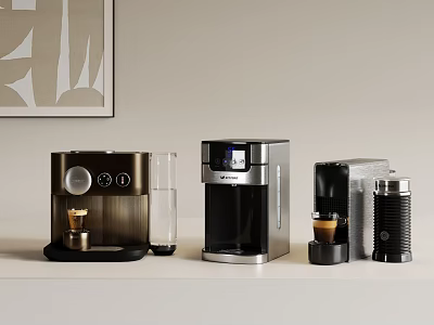 Stylish Modern Coffee Makers In Various Designs As Kitchen Appliances On Countertop 3d model