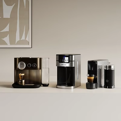 Stylish Modern Coffee Makers In Various Designs As Kitchen Appliances On Countertop 3d model