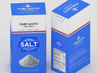Pure Gusto Fine Table Salt Product in Blue Packaging with Label and Salt 3d model