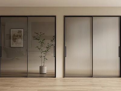Modern Interior Design Featuring Black Framed Sliding Glass Doors With Transparent And Frosted Panels 3d model