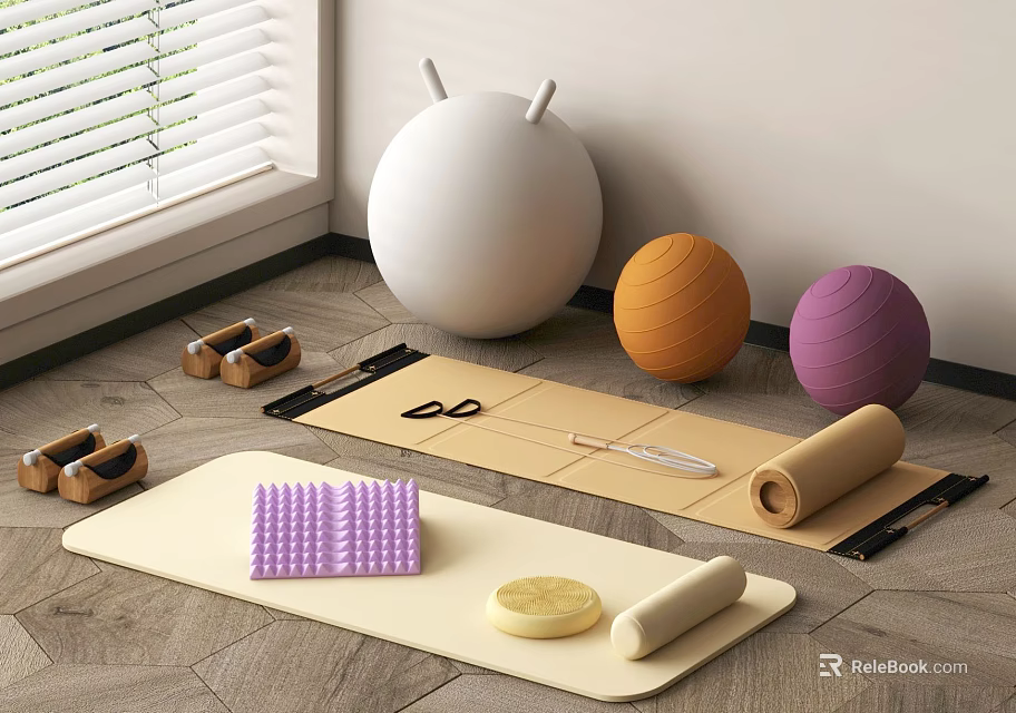 Indoor Fitness Equipment Setup With Yoga Mat Yoga Balls Foam Roller And Massage Balls 3d model 