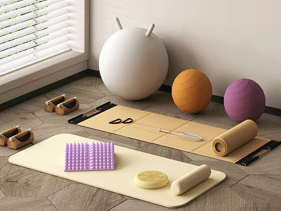Indoor Fitness Equipment Setup With Yoga Mat Yoga Balls Foam Roller And Massage Balls 3d model