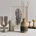 Stylish Decorative Ornament Set with Feather Artwork Diffuser Bottle Kettle and Candle Holders 3d model