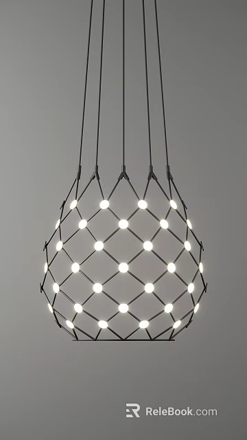 Spherical Chandelier With Black Metal Frame White Bulbs In Grid Pattern Against Grey Background 3d model 