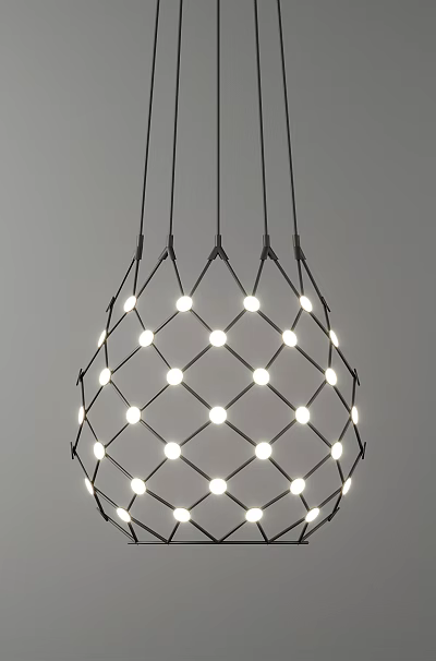 Spherical Chandelier With Black Metal Frame White Bulbs In Grid Pattern Against Grey Background 3d model