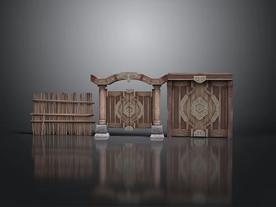 Ancient Wooden Architectural Elements With Intricate Carved Doors Frames And Bookshelves 3d model