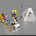 Two People Camping Outdoors With Yellow Chairs Wooden Table Guitar Teepee Tent Lantern And Cooler