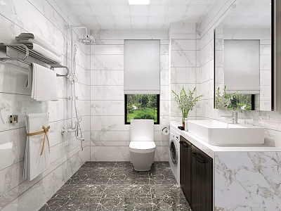 Bright Modern White Marble Tiled Bathroom With Complete Sanitary Fixtures And Integrated Washing Machine 3d model