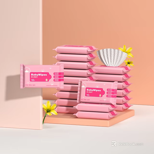 BabyPure Pink Baby Wipes Stacked With Lid And Floral Decoration For Daily Use 3d model 