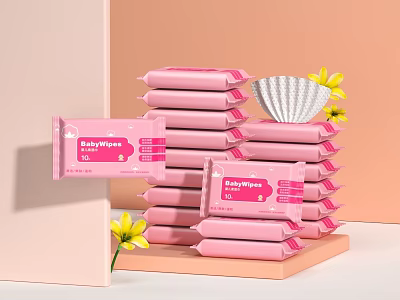 BabyPure Pink Baby Wipes Stacked With Lid And Floral Decoration For Daily Use 3d model
