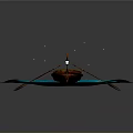 Wooden Boat Floating On Turquoise Water With Purple Glowing Spots And Oar