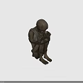 Bound Emaciated Humanoid Character Sitting With Hands Near Mouth In Restrained Posture