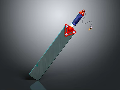 Decorative Weapon With Long Metallic Blade Blue Handle Red Accents And Yellow Pendant 3d model