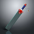Decorative Weapon With Long Metallic Blade Blue Handle Red Accents And Yellow Pendant
