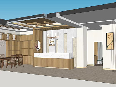 Modern Beauty Salon Interior Design With Wooden Counter Hanging Lights And Seating Area 3d model