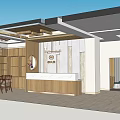 Modern Beauty Salon Interior Design With Wooden Counter Hanging Lights And Seating Area