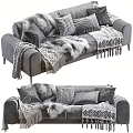 Grey Two Seater Sofa with Plush Cushions Fur Throw and Metal Legs