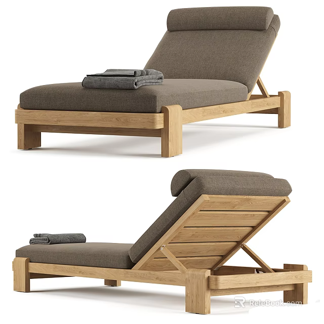 Modern Wooden Frame Lounge Chair With Gray Cushion And Stacked Towels 3d model 