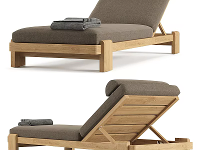 Modern Wooden Frame Lounge Chair With Gray Cushion And Stacked Towels 3d model