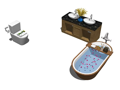 Oval Bathtub with Rose Petals in Bathroom Featuring Double Sink Vanity and Toilet 3d model