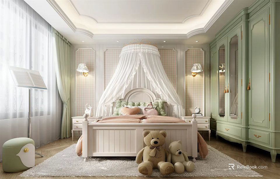 Cozy Kids Room Interior With Canopy Bed Pink Pillows Teddy Bears And Pastel Green Wardrobes 3d model 