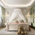 Cozy Kids Room Interior With Canopy Bed Pink Pillows Teddy Bears And Pastel Green Wardrobes