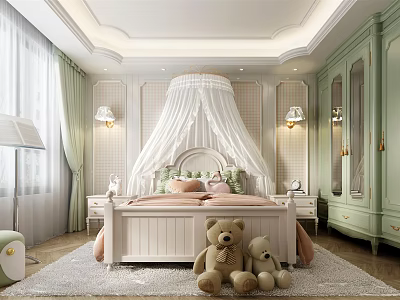 Cozy Kids Room Interior With Canopy Bed Pink Pillows Teddy Bears And Pastel Green Wardrobes 3d model