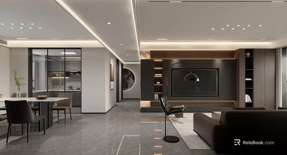 Modern Open Plan Living and Dining Room With Sofa TV Wall And Dining Table 3d model