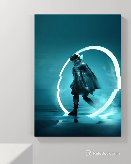 Futuristic Abstract Painting Of Helmeted Figure With Glowing Ring And Blue Water Reflection 3d model 