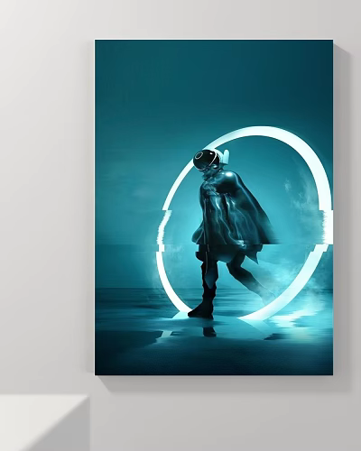 Futuristic Abstract Painting Of Helmeted Figure With Glowing Ring And Blue Water Reflection 3d model
