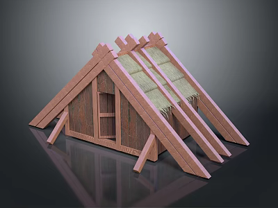 Traditional Wooden Cottage Structure With Triangular Roof Thatch Covering And Small Window 3d model